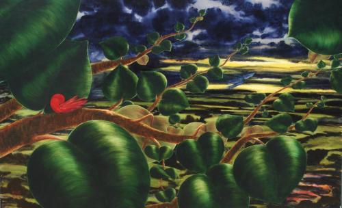 LOS PÁJAROS III (La canción de Peiwoh), Acrílico - tabla 100 x 162 cm.