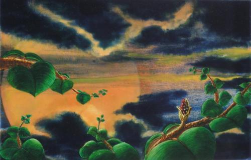 LUNA ROJA I (La canción de Peiwoh), Acrílico - tabla 17 x 28 cm.