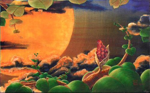 LUNA ROJA II (La canción de Peiwoh), Acrílico - tabla 33 x 53 cm.