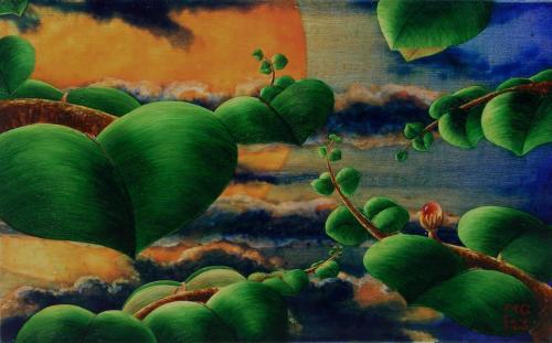 LUNA ROJA IV (La canción de Peiwoh), Acrílico - tabla 33 x 53 cm.