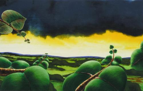 TORMENTA EN EL CREPÚSCULO (La canción de Peiwoh), Acrílico - tabla 28 x 46 cm.