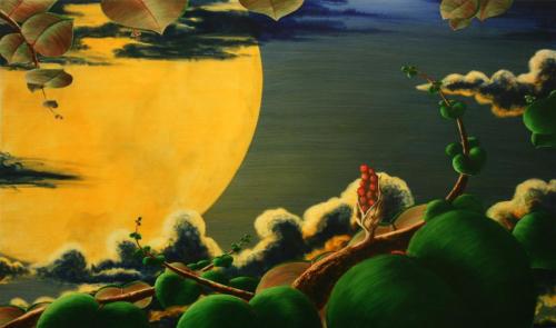 LUNA ROJA VI (La canción de Peiwoh), Acrílico - tabla 65 x 110 cm.